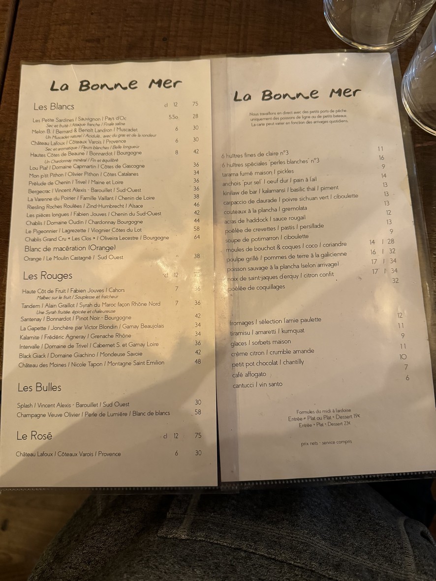 La Bonne Mer menu 1