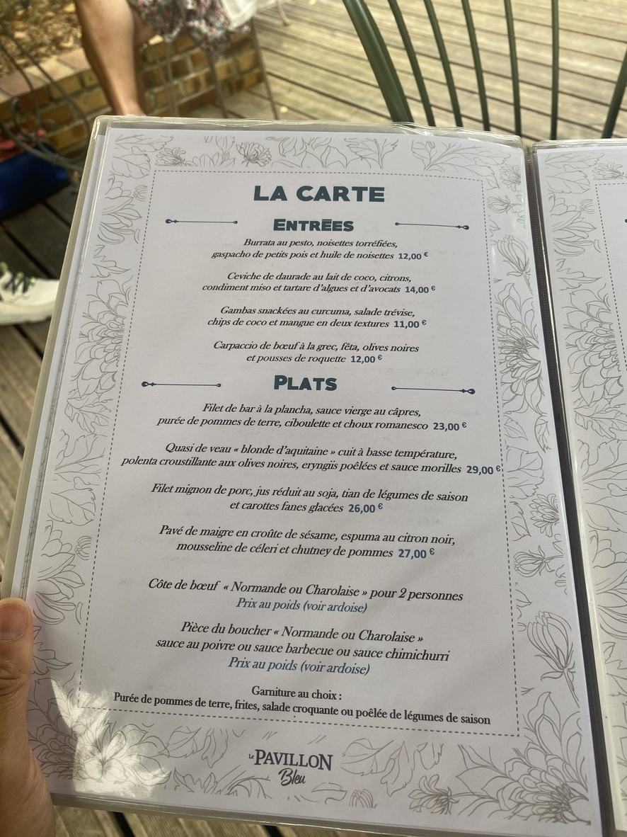 Le Pavillon Bleu menu 1