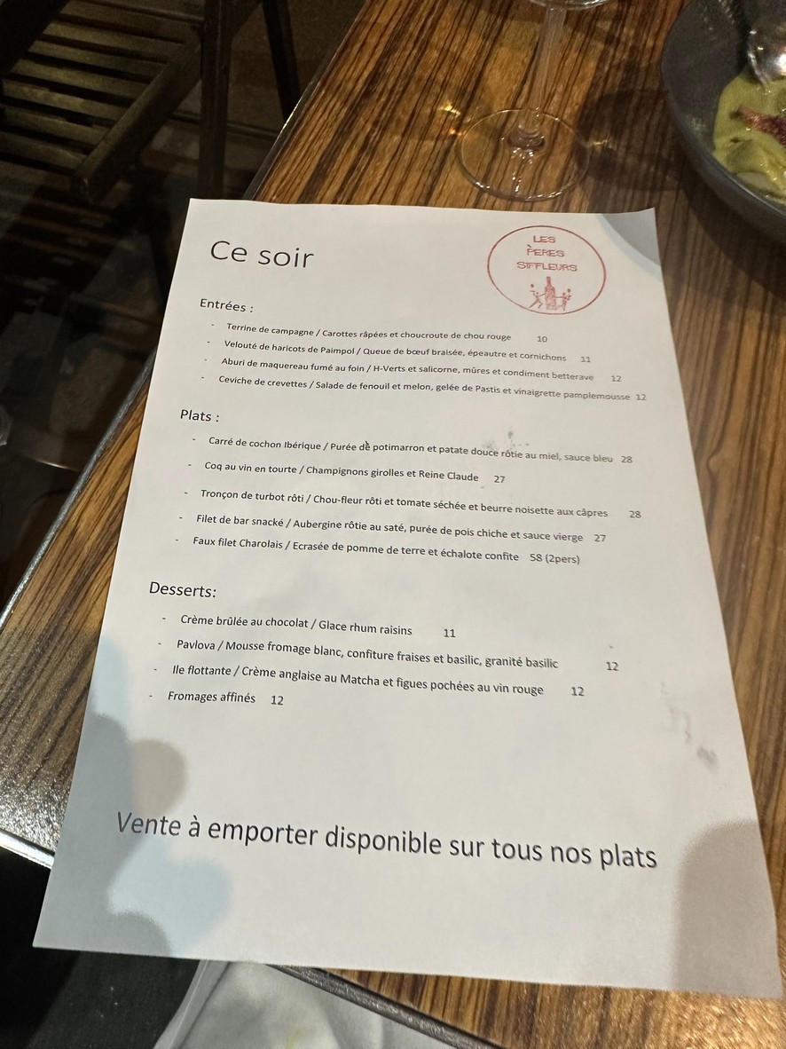Les Pères Siffleurs menu 2