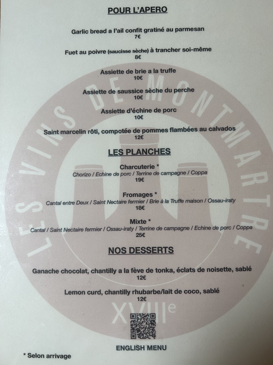 Les Vins de Montmartre menu 1