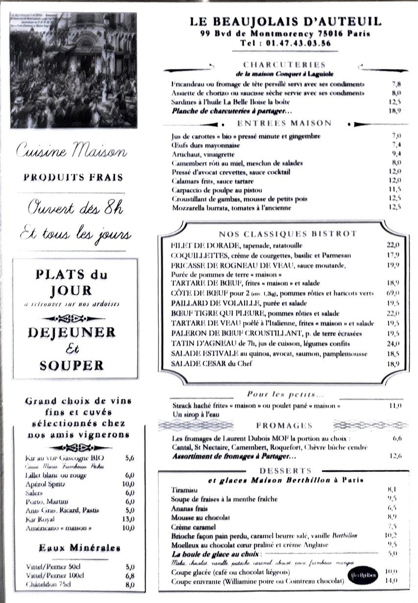 Le Beaujolais d'Auteuil menu 1
