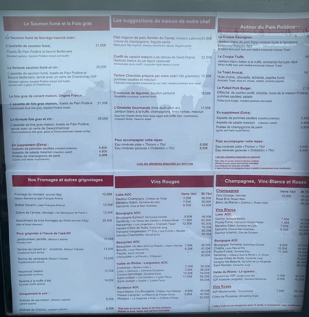 Au Sauvignon menu 1