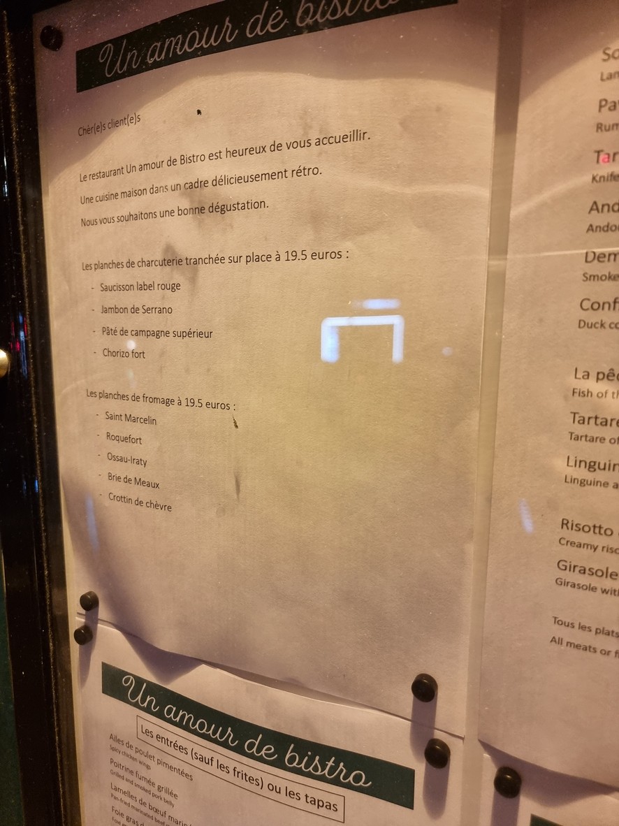 Un Amour de Bistro menu 1