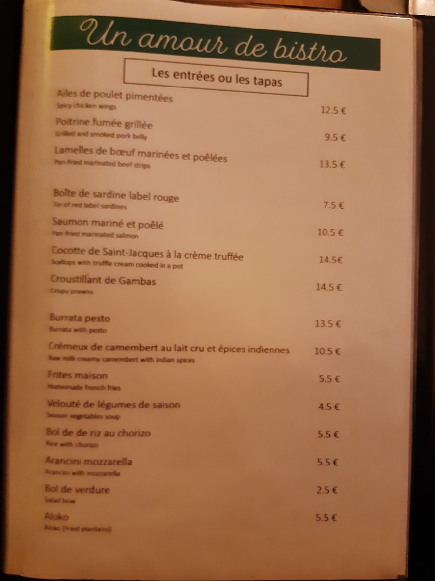 Un Amour de Bistro menu 2