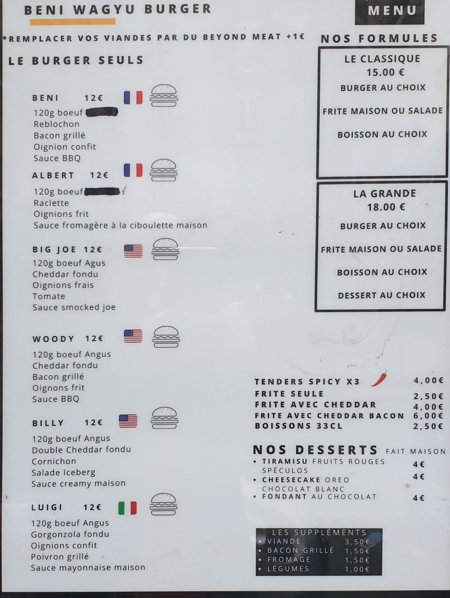 Beni Wagyu Burger - Porte de Versailles menu 1