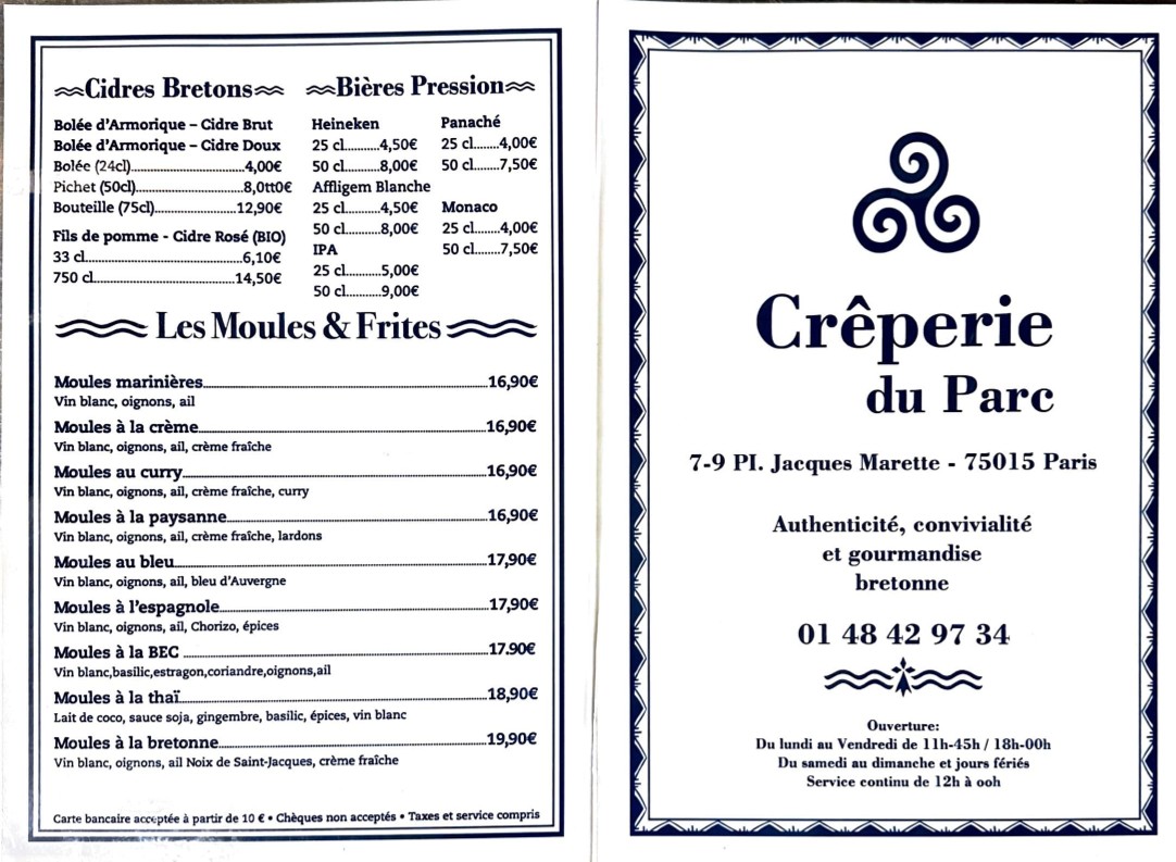 Crêperie du Parc menu 1