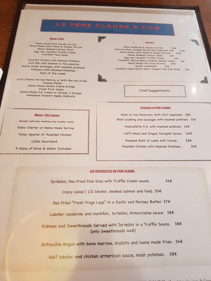 La Retraite du Père Claude menu 1