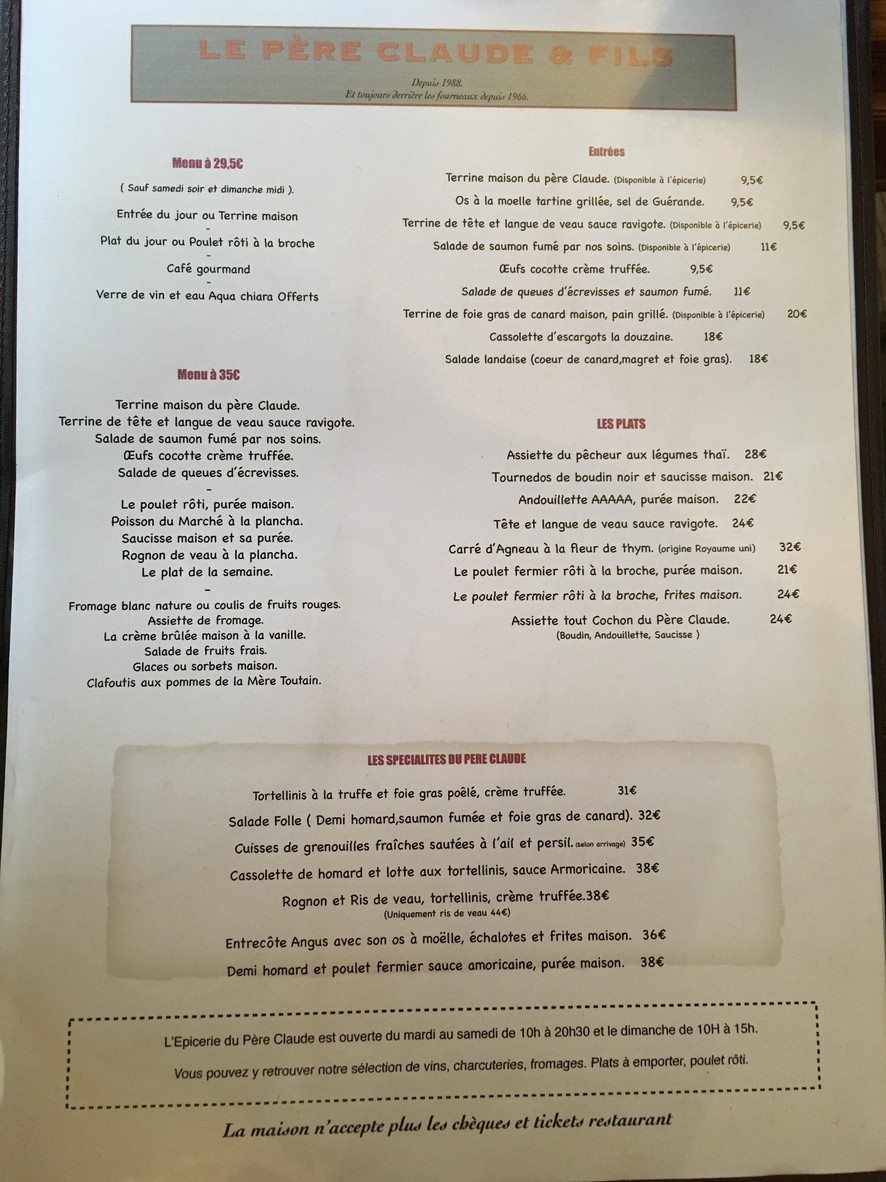 La Retraite du Père Claude menu 2