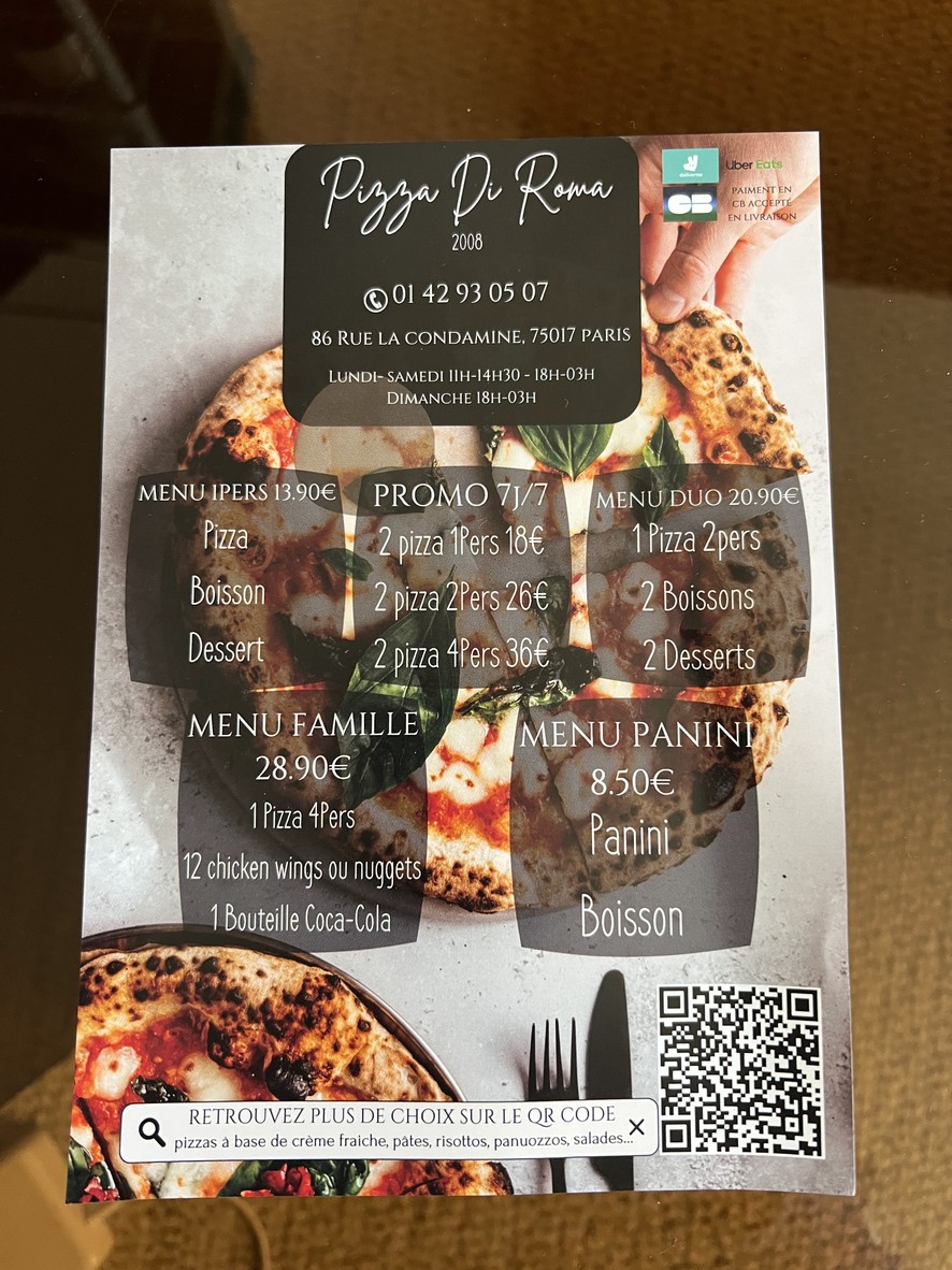Pizza Di Roma - Paris 17 menu 1