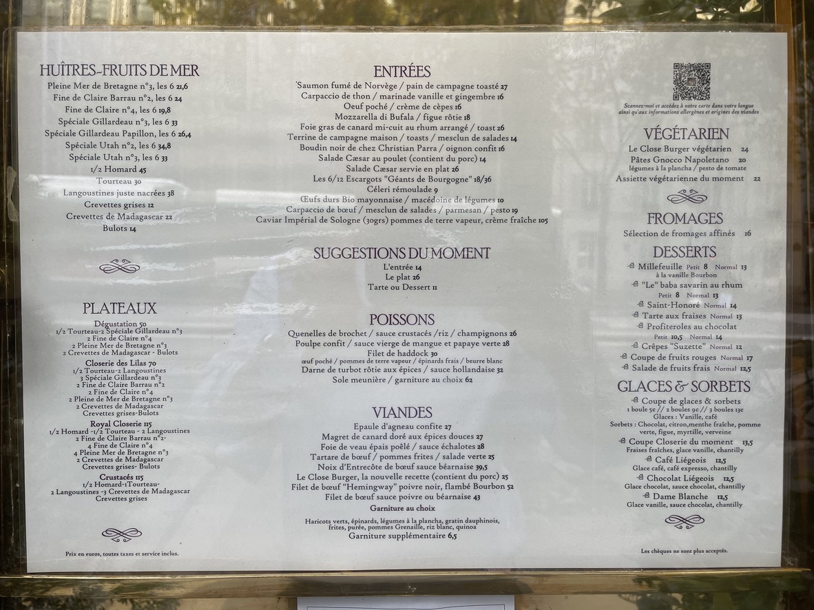 La Closerie des Lilas menu 1