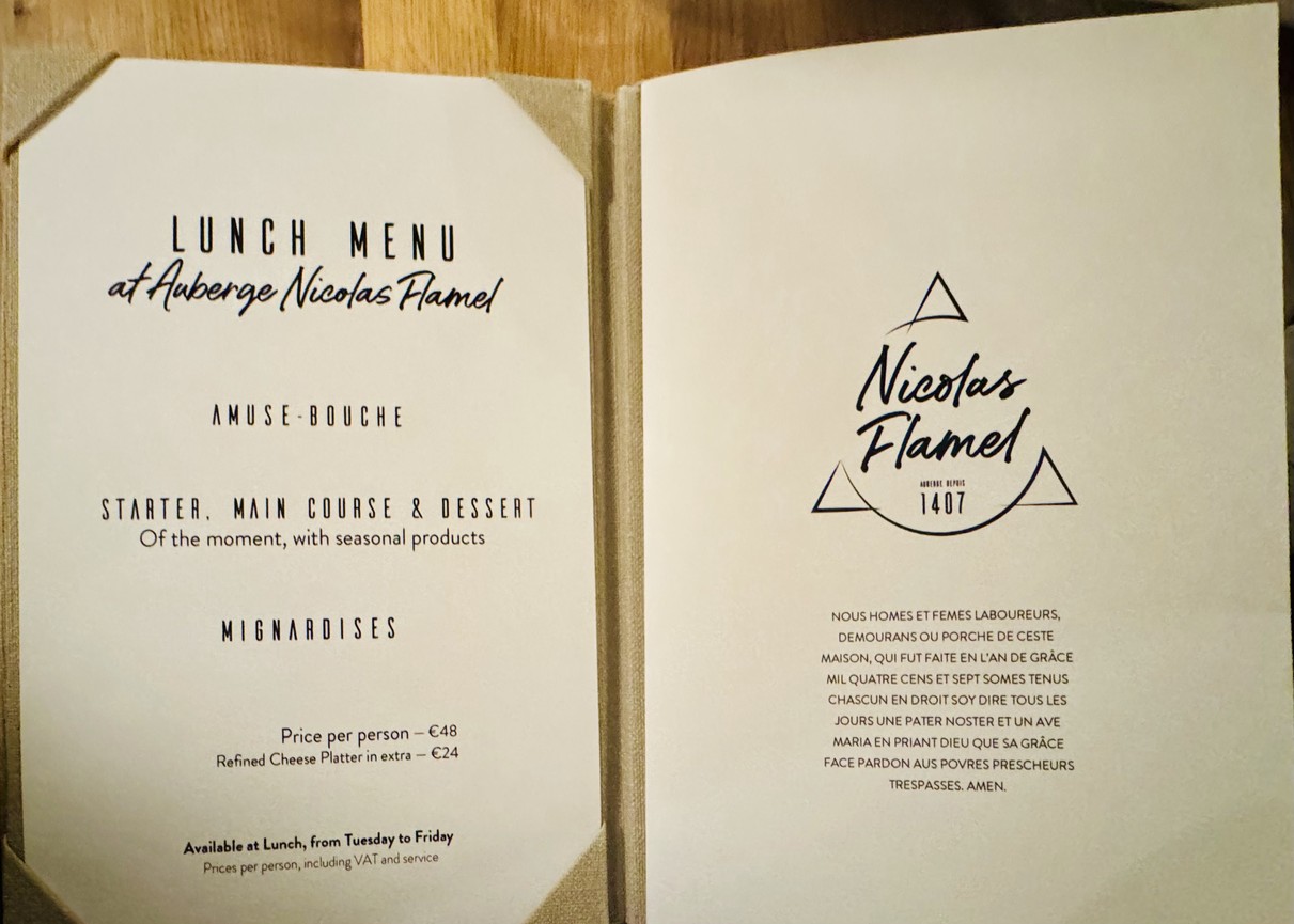 Auberge Nicolas Flamel menu 1