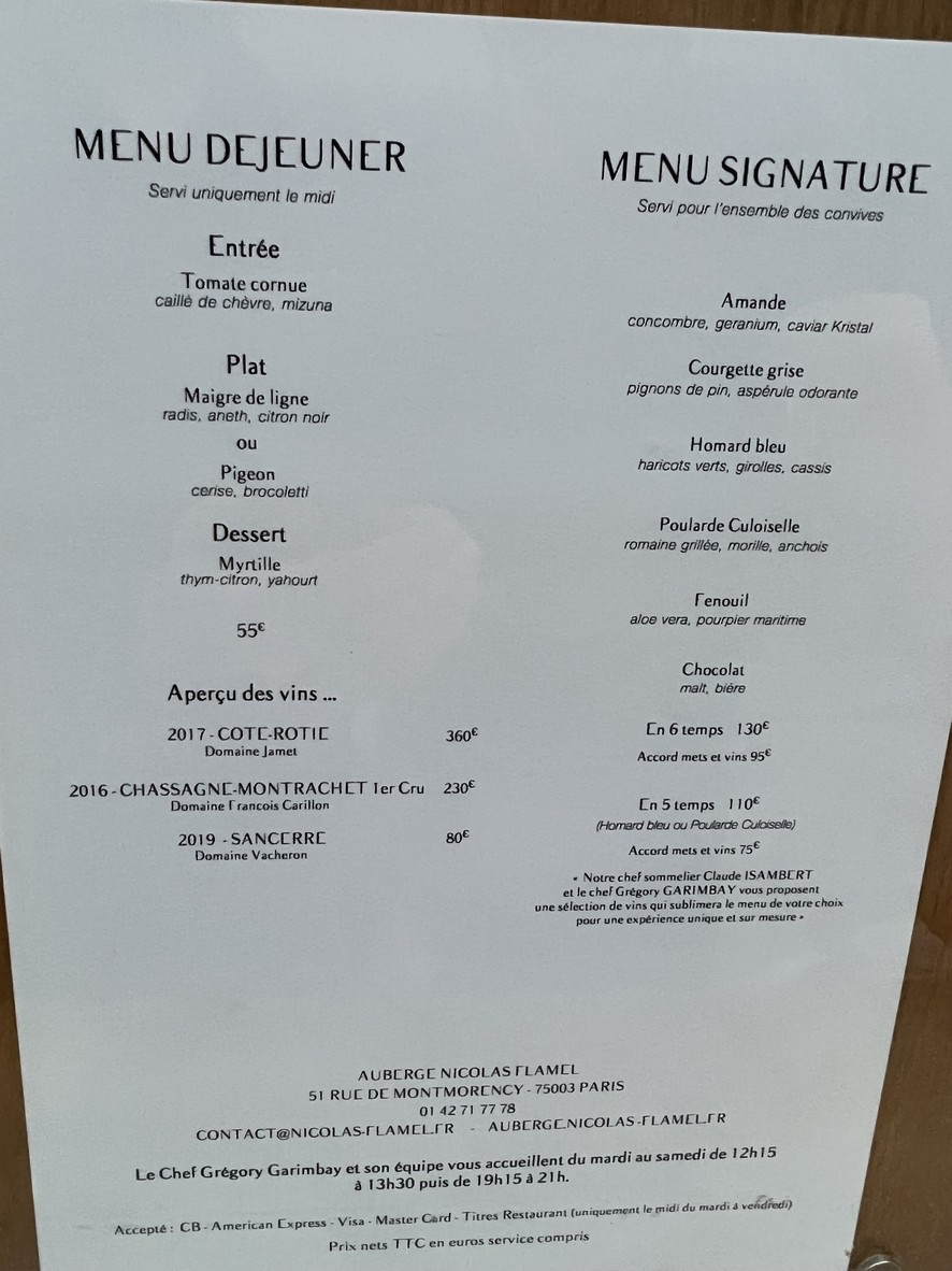 Auberge Nicolas Flamel menu 2