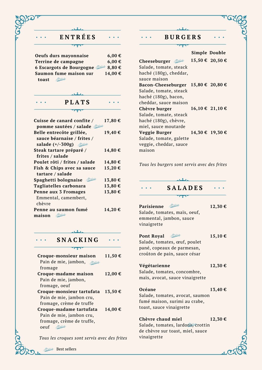 Le Pont Royal Cafe menu 1