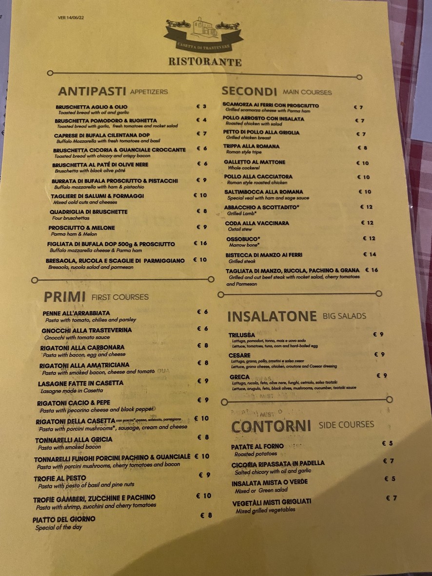 Casetta di Trastevere menu 1