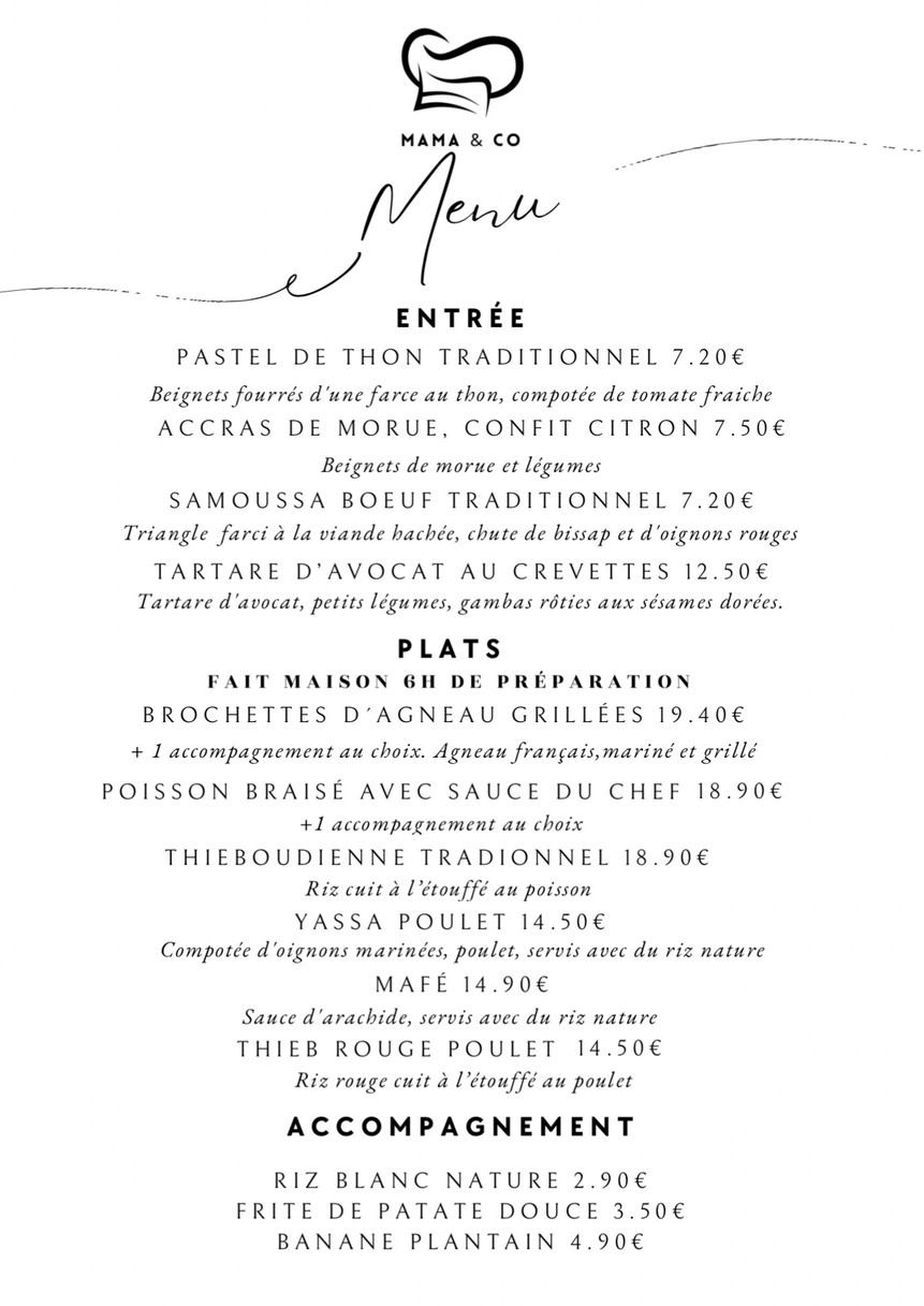 Mama&co - Restaurant boulogne ouvert la nuit - 92100 - Restaurant africain - Ouvert jusqu'à 2 h la nuit - 92 menu 1