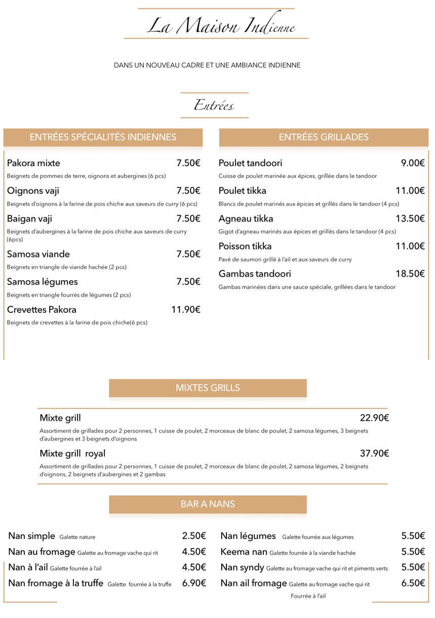 La Maison Indienne by La Route Des Indes menu 1
