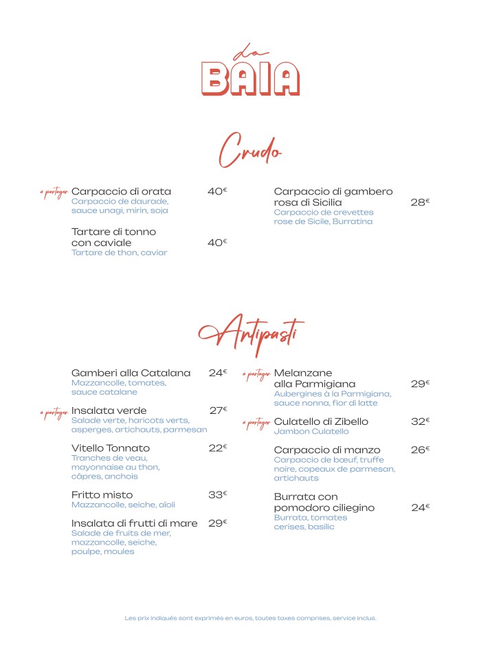 La Baia Paris menu 1