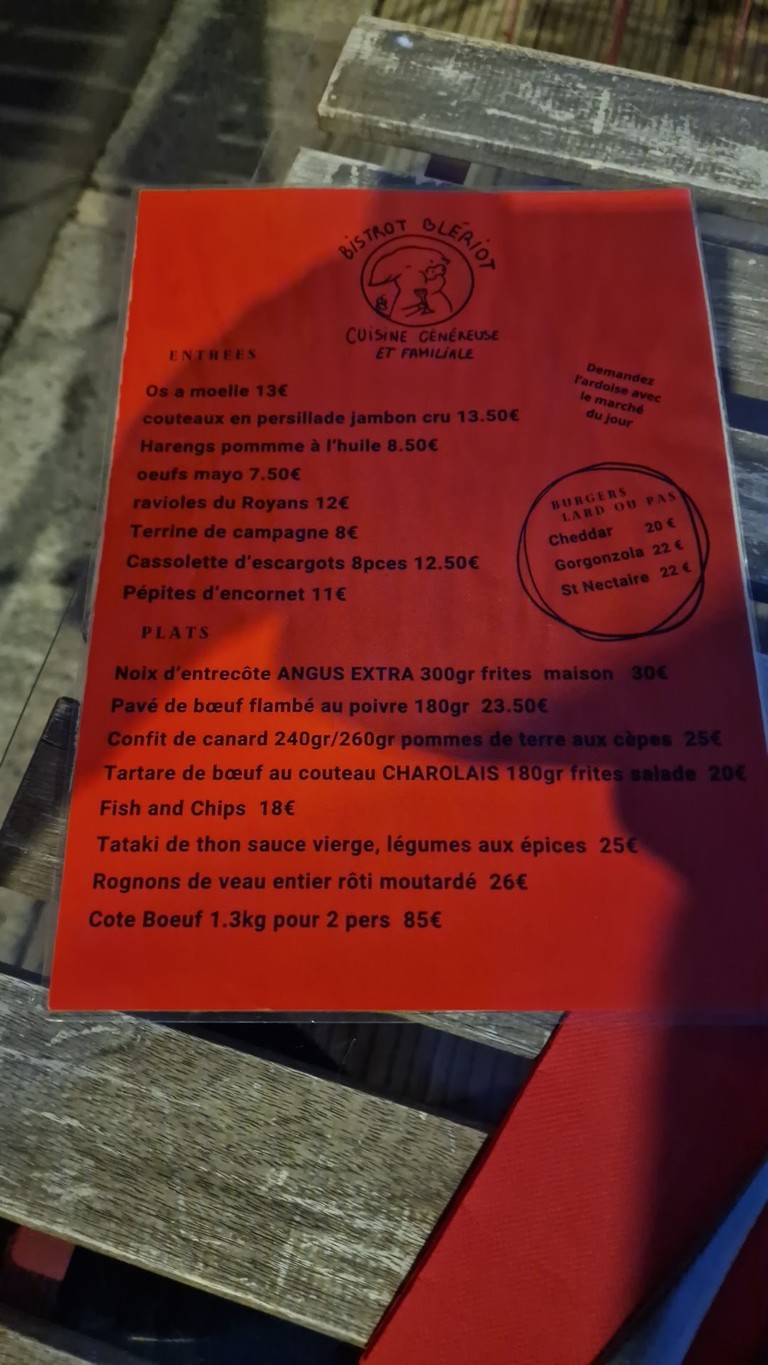 Bistrot Blériot menu 1