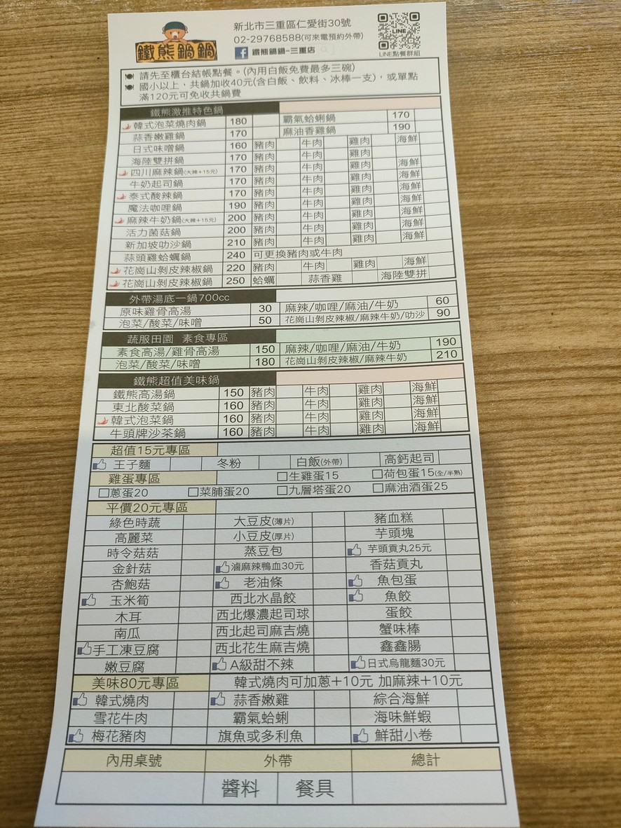 Tiě xióng guō guō - Sanchong diàn menu 1