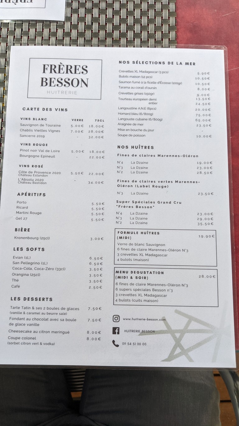 Huitrerie des Frères Besson menu 1