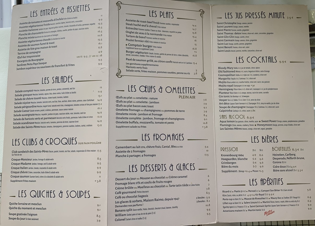 Le Comptoir des Saints-Pères menu 1