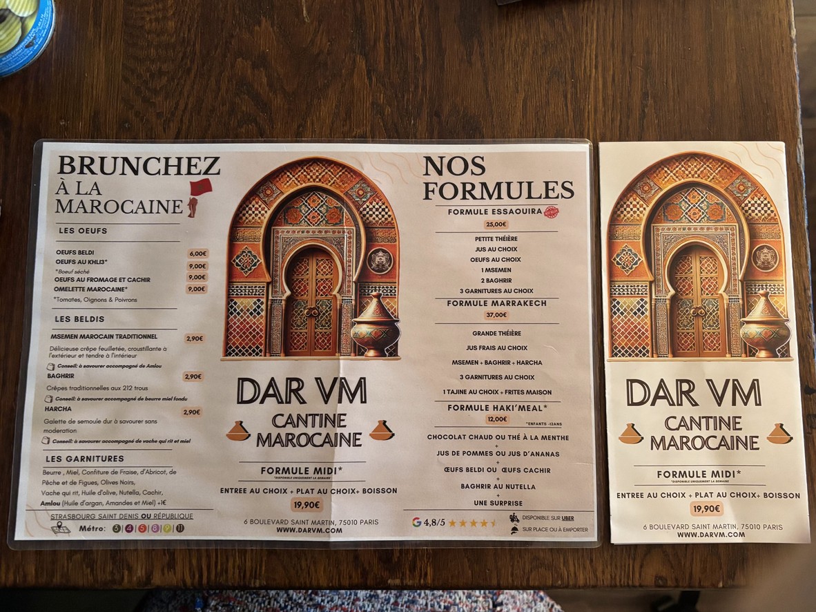 Dar VM - Brunch & Restaurant Marocain Beldi traditionnel menu 3