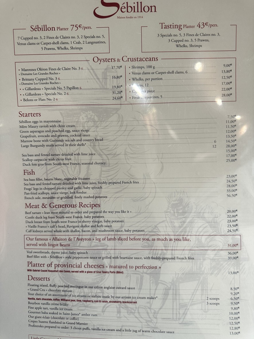 Le Sébillon menu 1