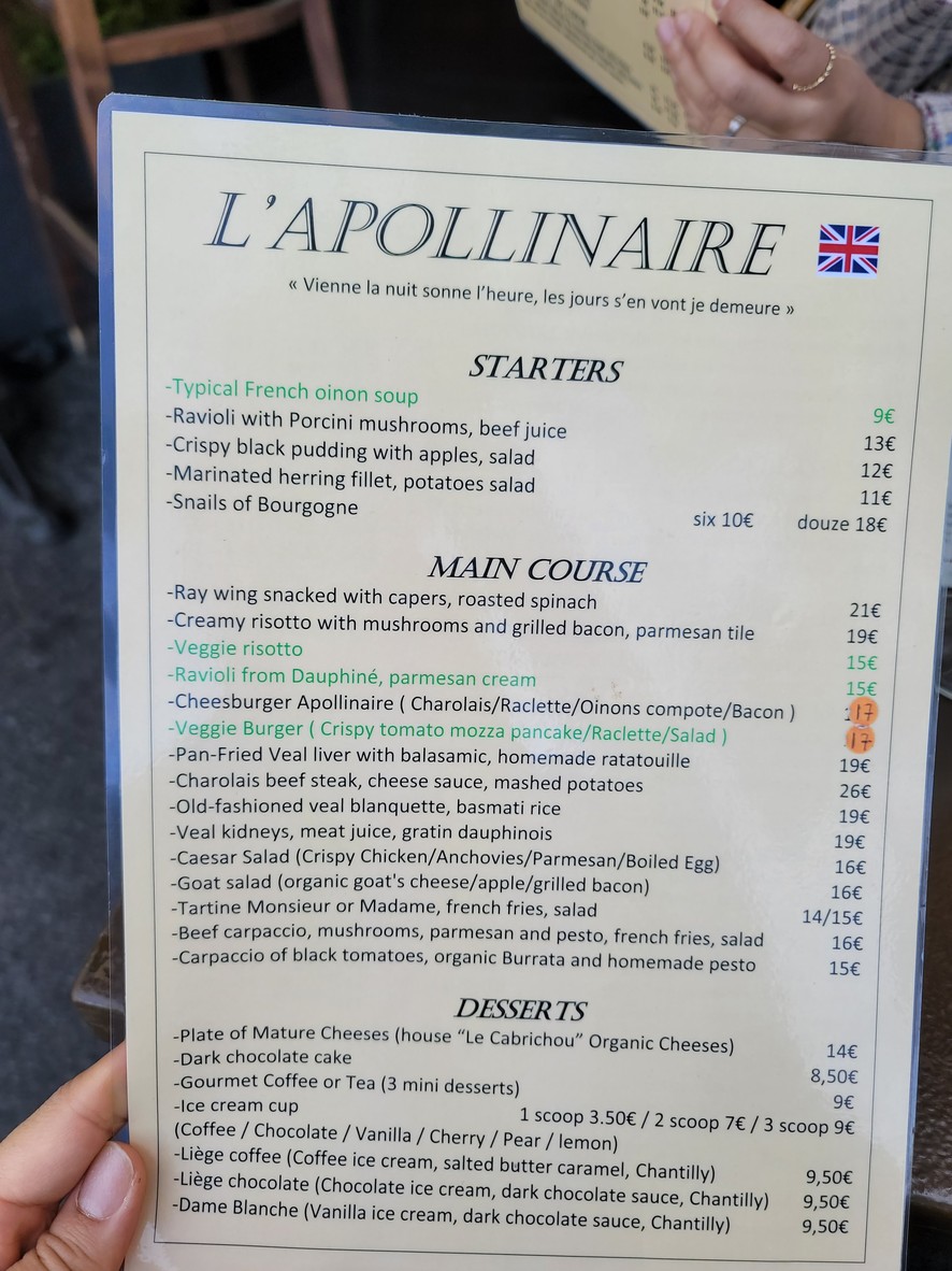 Brasserie L'Apollinaire menu 1