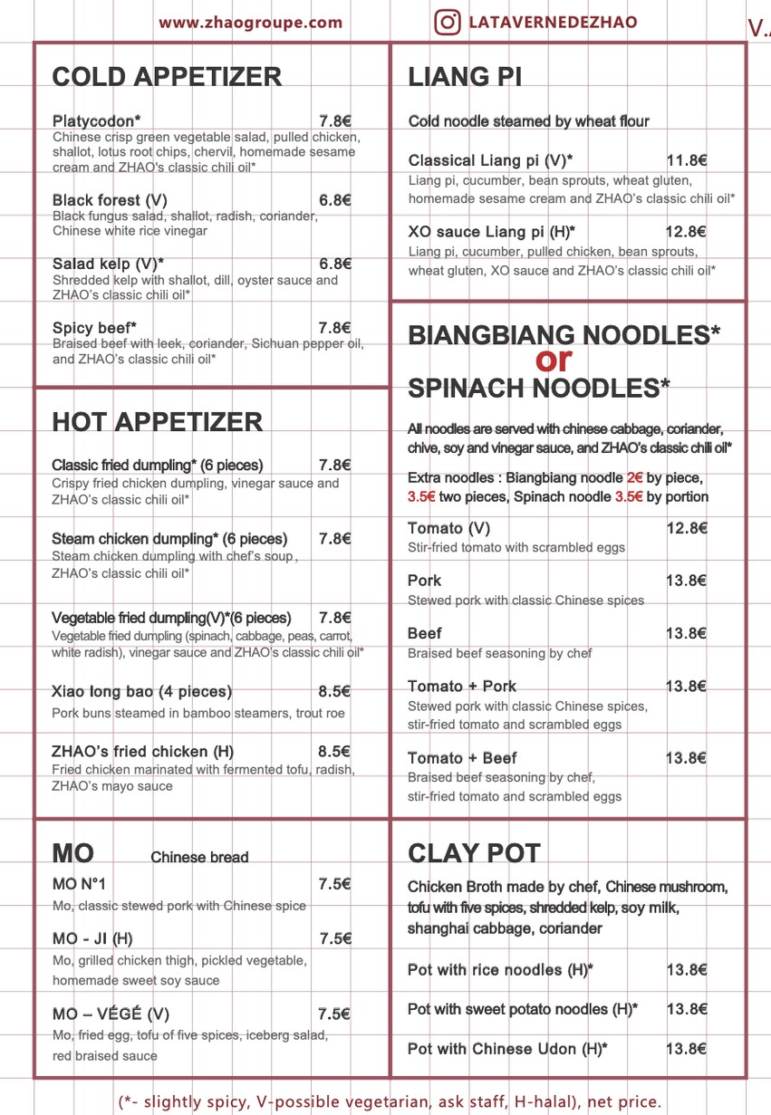 La Taverne De ZHAO_Levallois menu 1