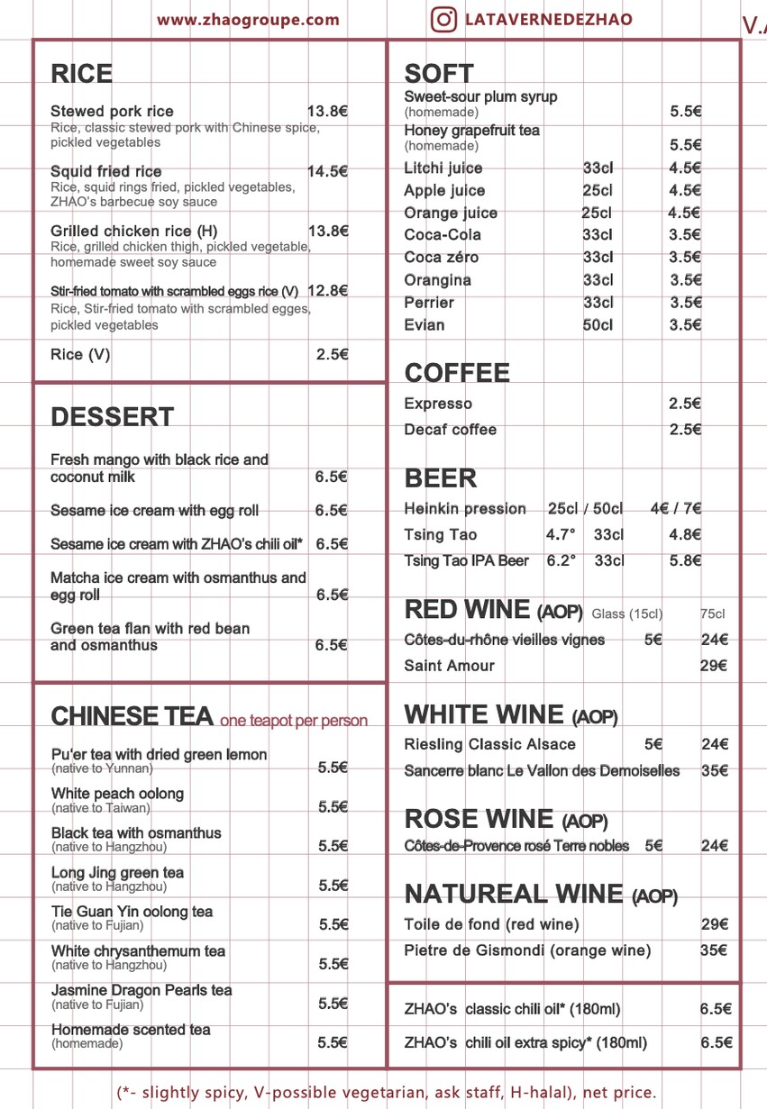 La Taverne De ZHAO_Levallois menu 2