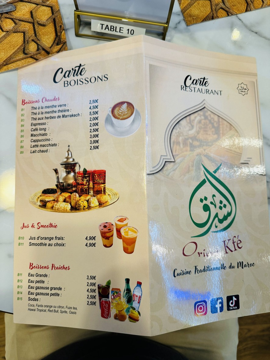 Orient Kfe Restaurant Salon de thé Marocain Paris menu 1