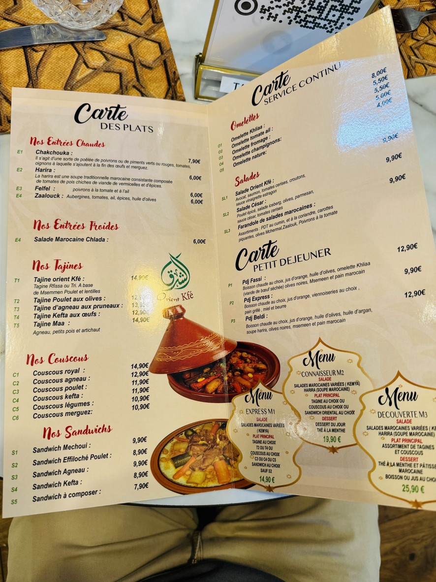 Orient Kfe Restaurant Salon de thé Marocain Paris menu 2