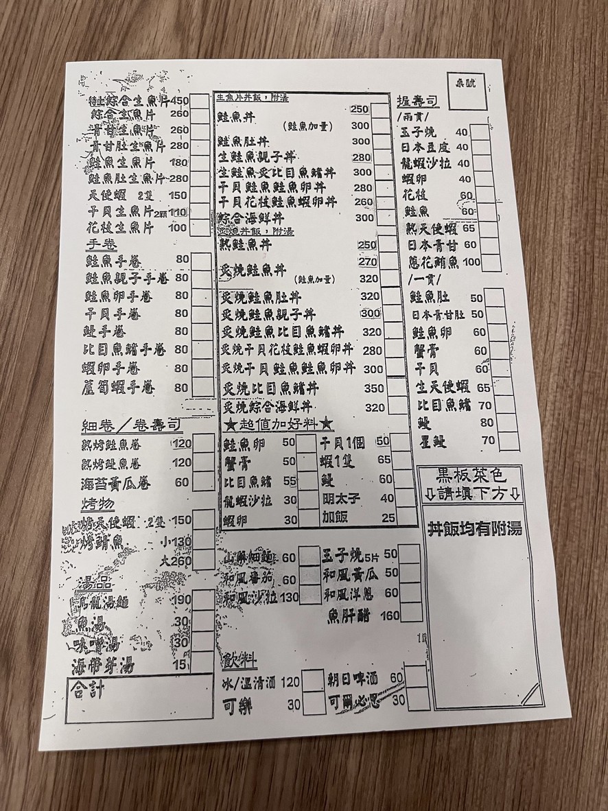 Chien Hsing Sushi menu 1