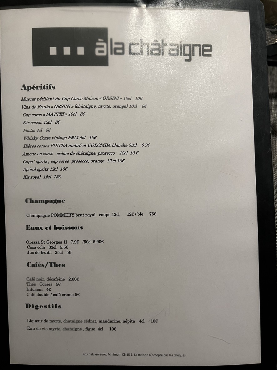 A la Chataigne menu 2