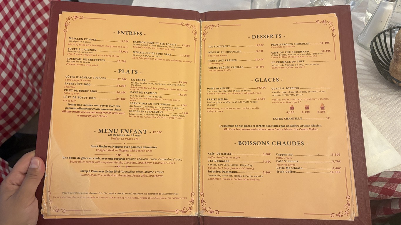 L'Entrecôte de Paris menu 1