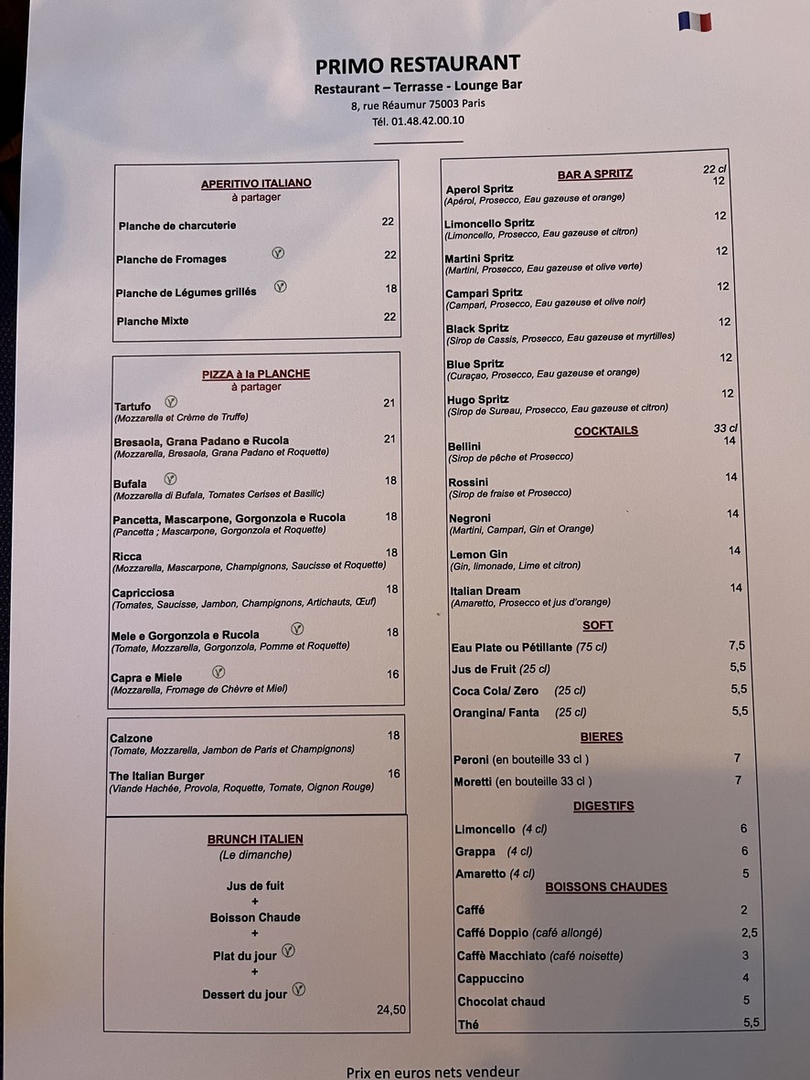 PRIMO RESTAURANT & PIZZERIA menu 1