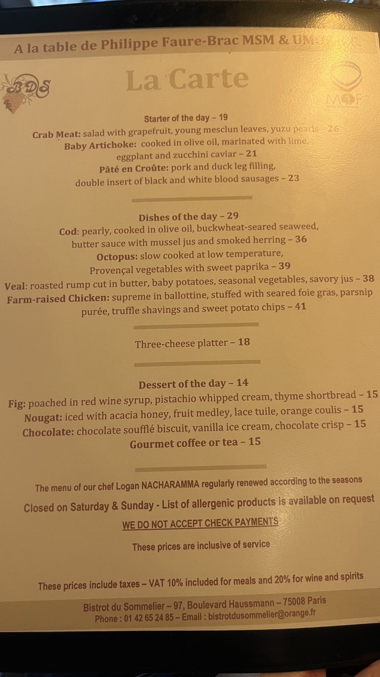 Bistrot du Sommelier Paris Philippe Faure-Brac menu 1