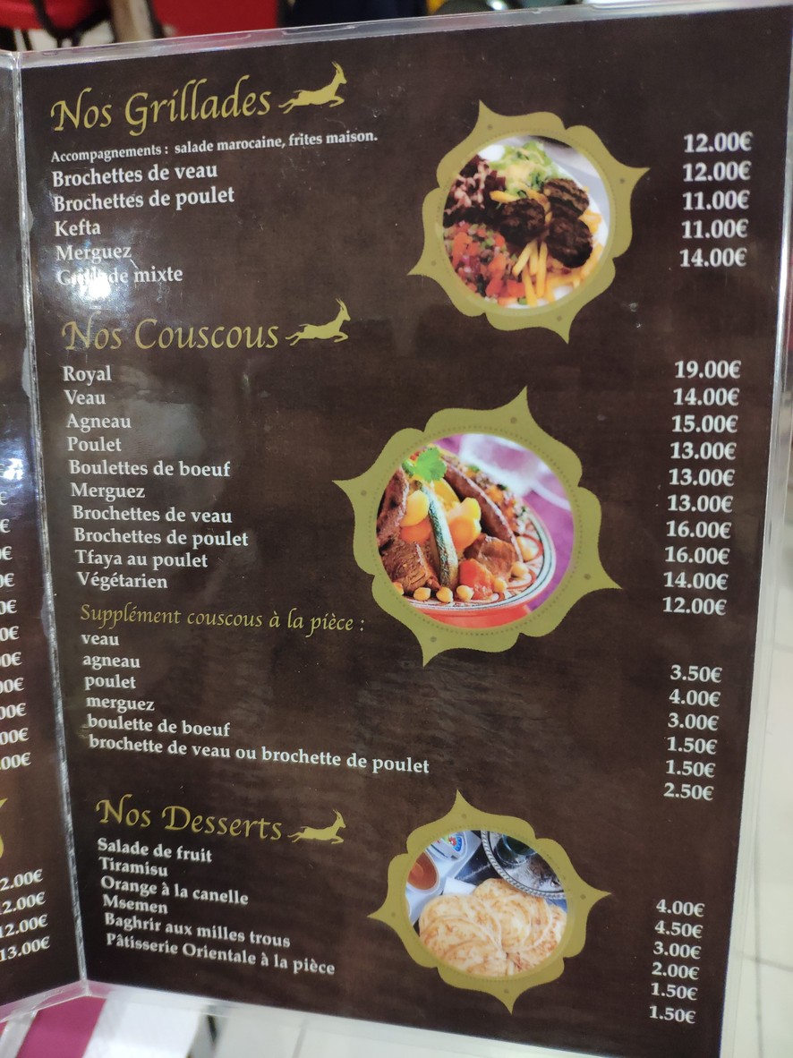 La Gazelle Clichoise restaurant marocain menu 2