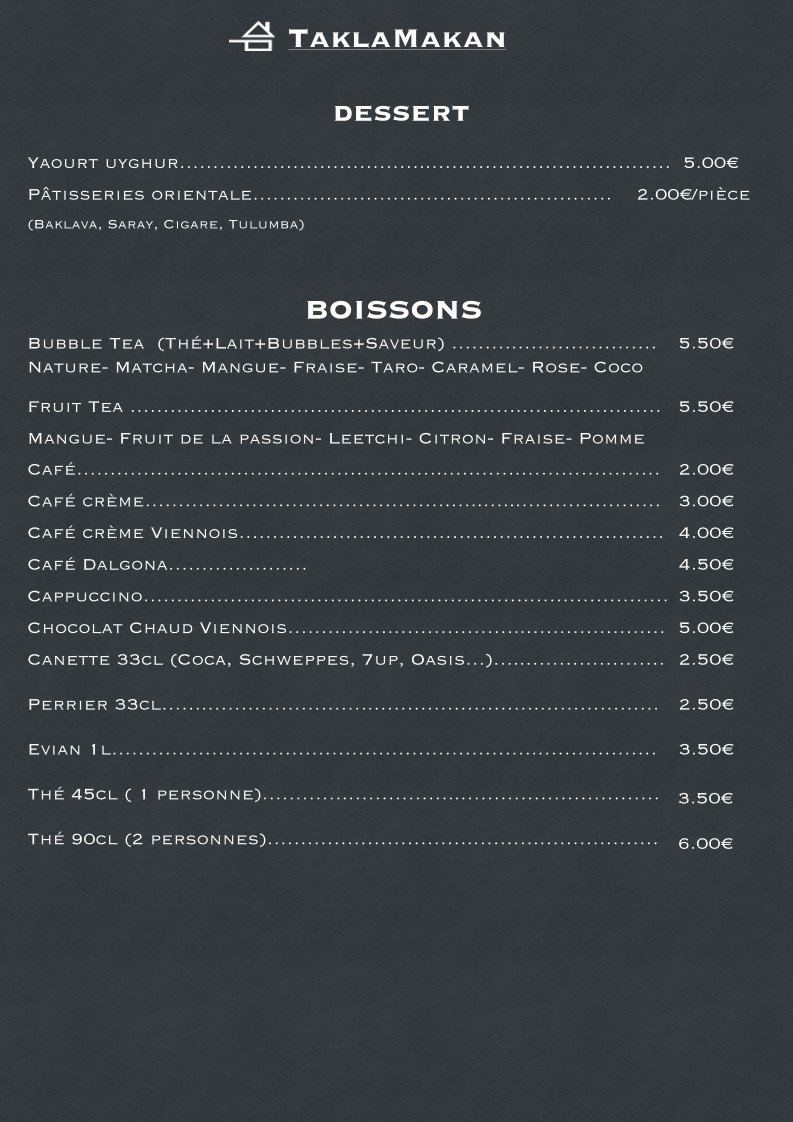 Sweetalk - TaklaMakan, Restaurant, Salon de thé, Spécialité Ouïghours 塔克拉玛干新疆餐厅 menu 4
