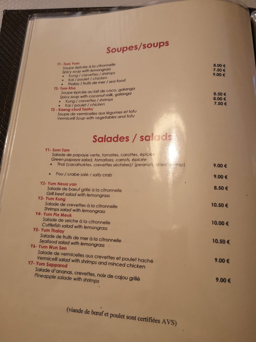 Thaï Panthong menu 1