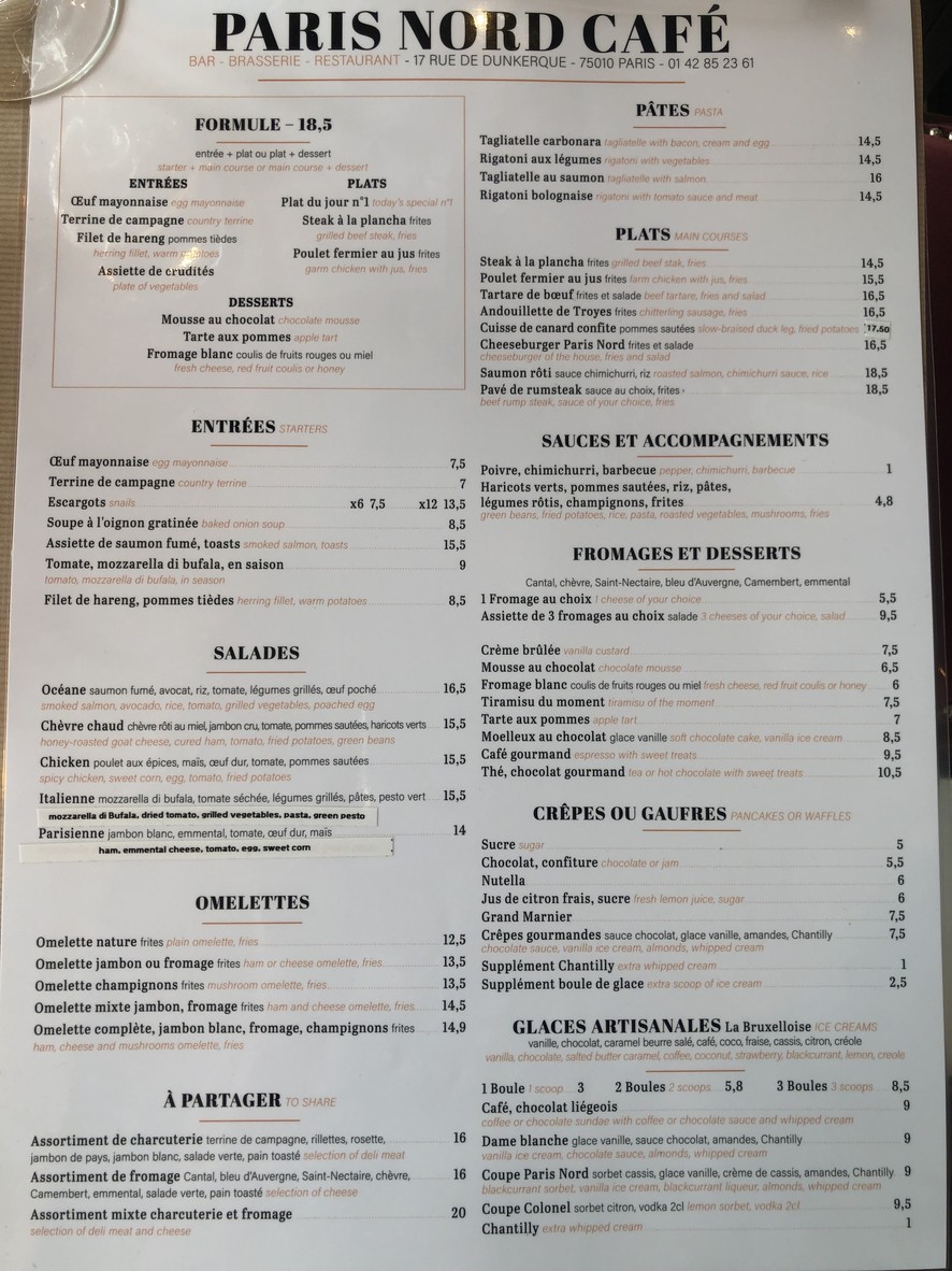 Paris Nord Café menu 2