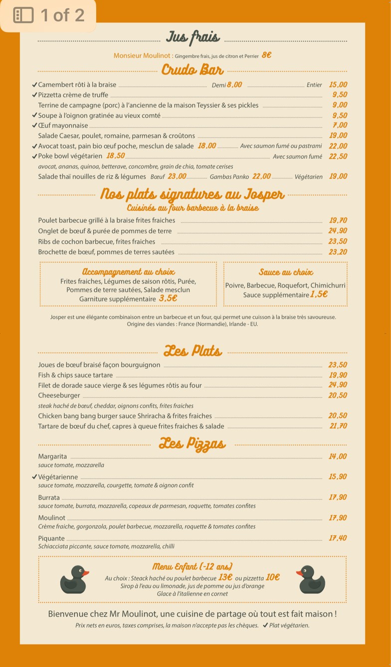 Monsieur Moulinot menu 1