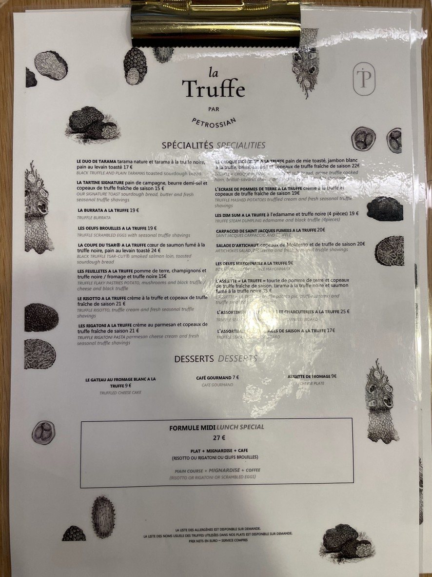 La Truffe par Petrossian menu 1