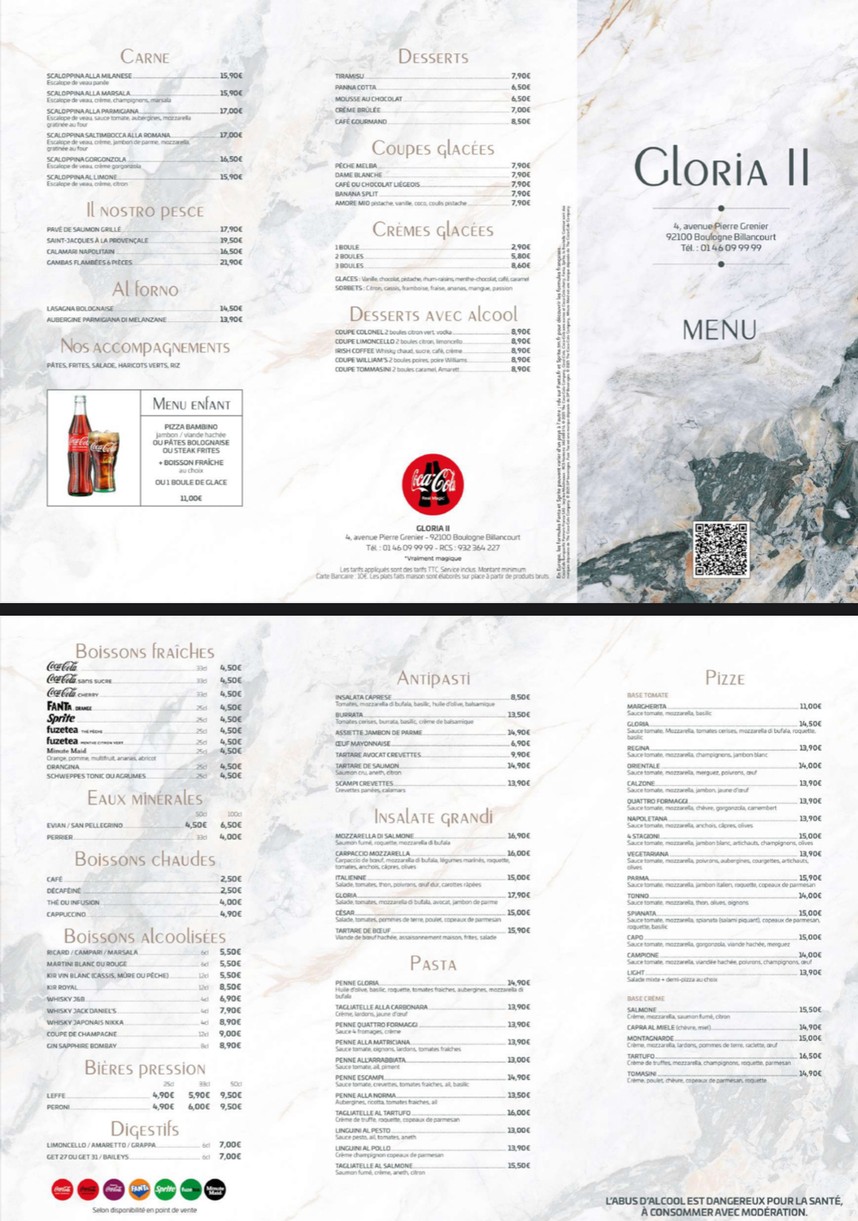 Gloria II menu 1