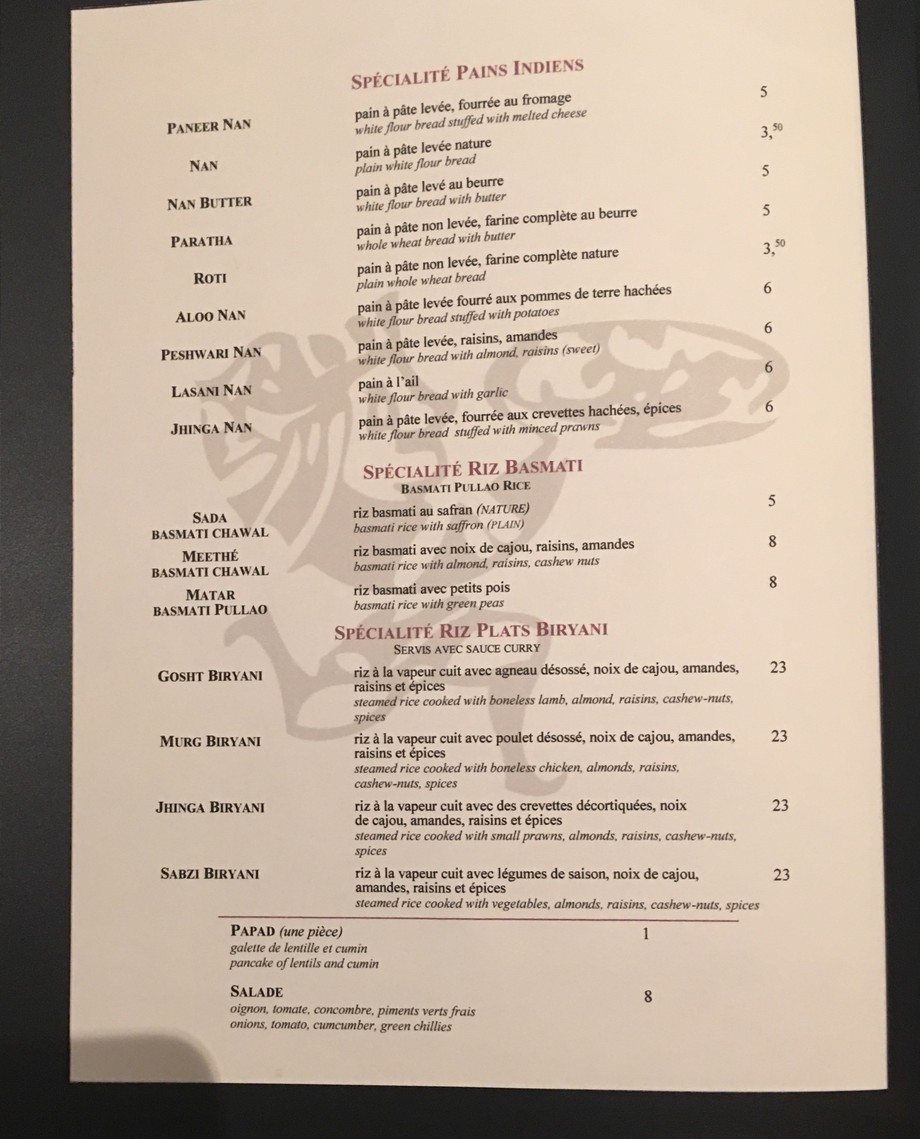 Restaurant Ashiana Faubourg Saint-Honoré menu 2