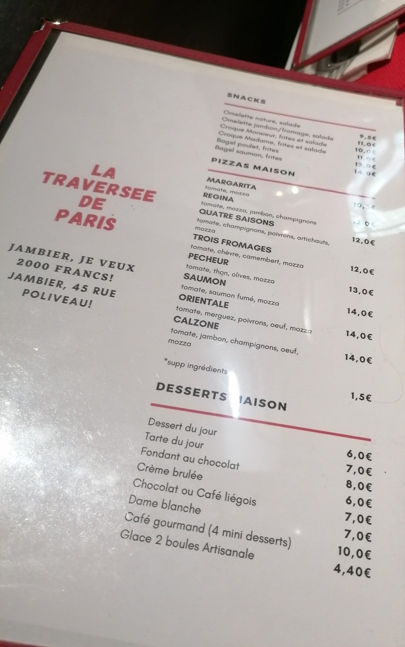 La Traversée de Paris menu 2