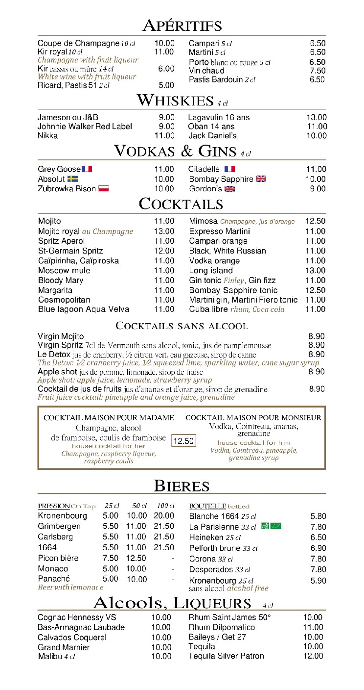 Brasserie de la Tour Eiffel menu 1