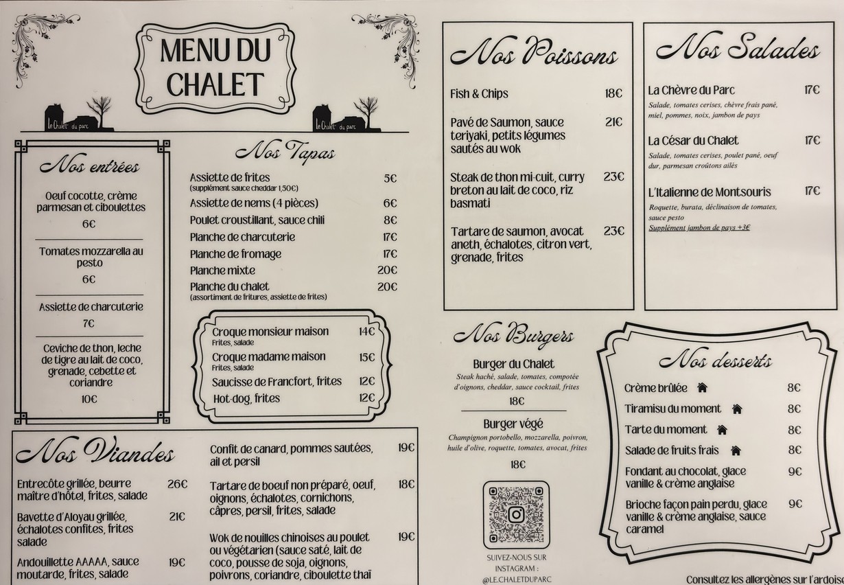 Le Chalet du Parc menu 1