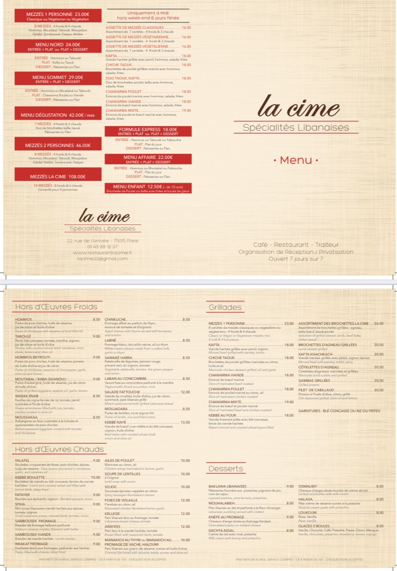 La Cime menu 1