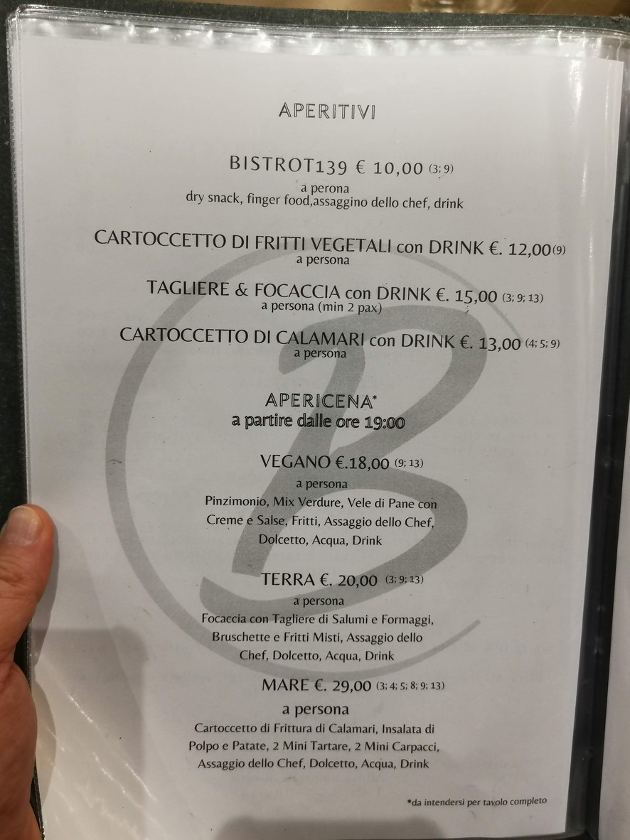 Ristorante Bistrot 139 menu 1